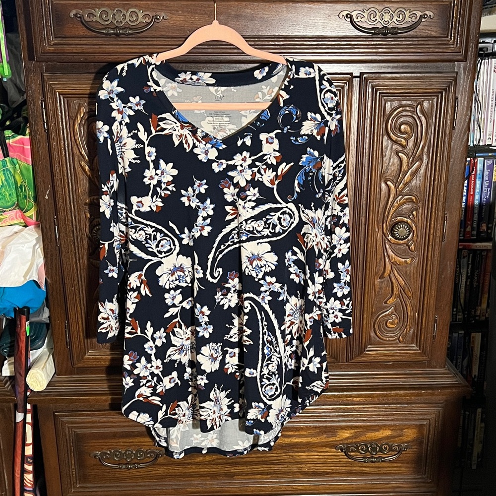 Navy Floral Long Sleeve Women's Top